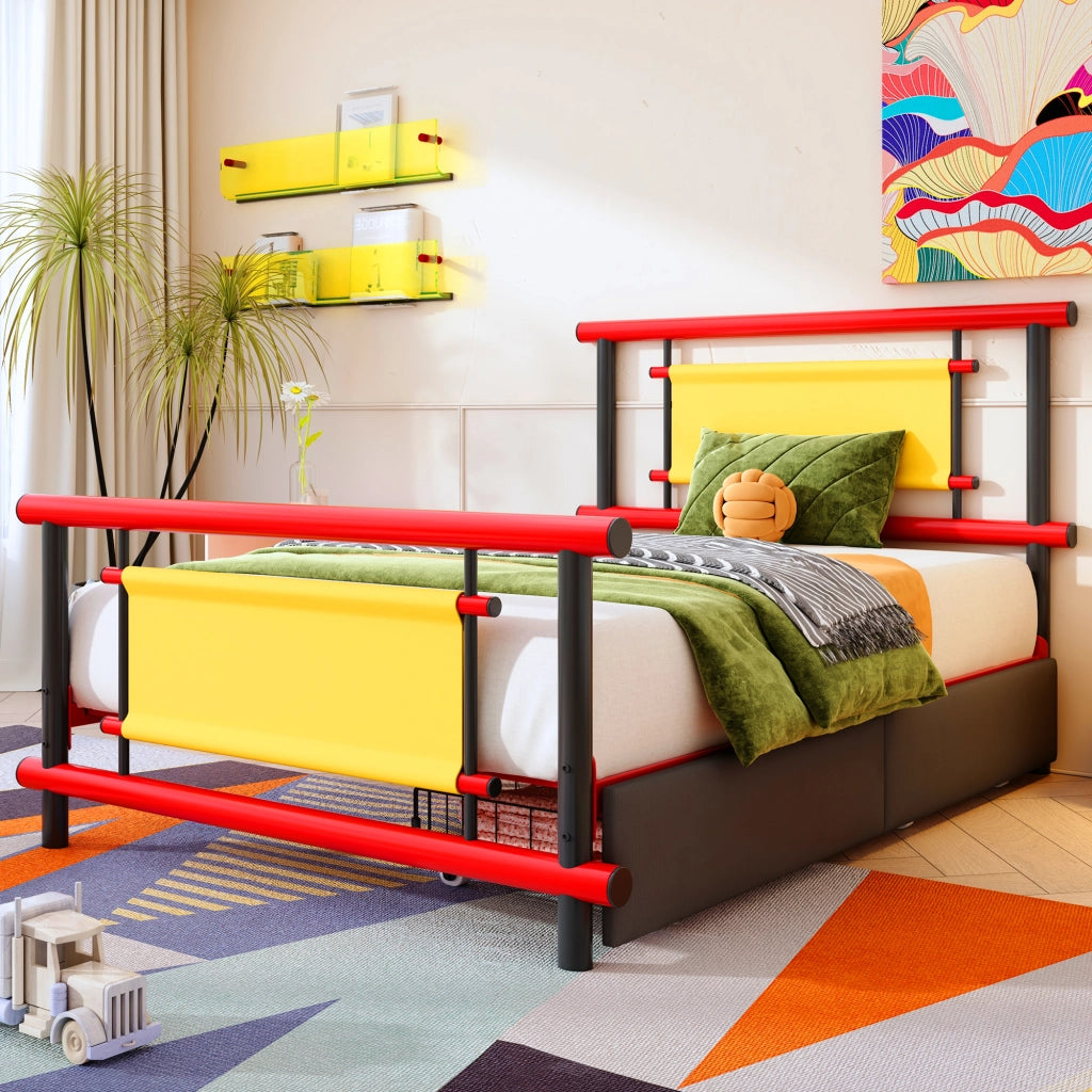 DESMIU Letto per bambini 90 × 200 cm con 2 cassetti, senza materasso, in metallo, rosso, per camera bambini