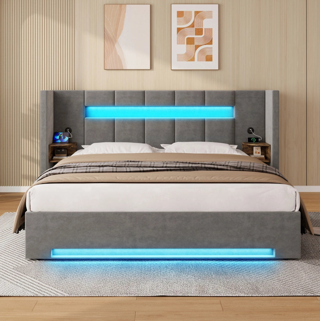 Letto contenitore imbottito ULEVR 160x200 cm con LED, 2 USB e mobili laterali, velluto grigio scuro