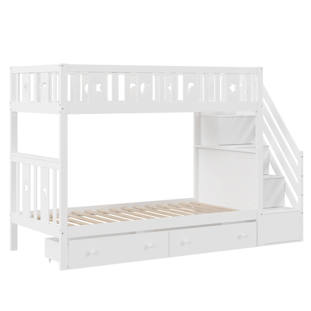 Letto a castello per bambini 90x200 cm con scala contenitore e 2 cassetti bianco