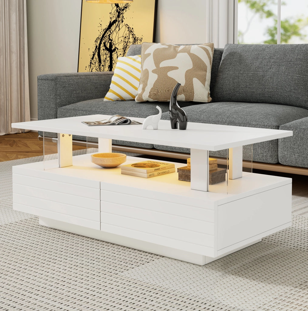 Tavolino da caffè LED bianco moderno con contenitore; 100 x 50 x 42 cm; in truciolare e acrilico