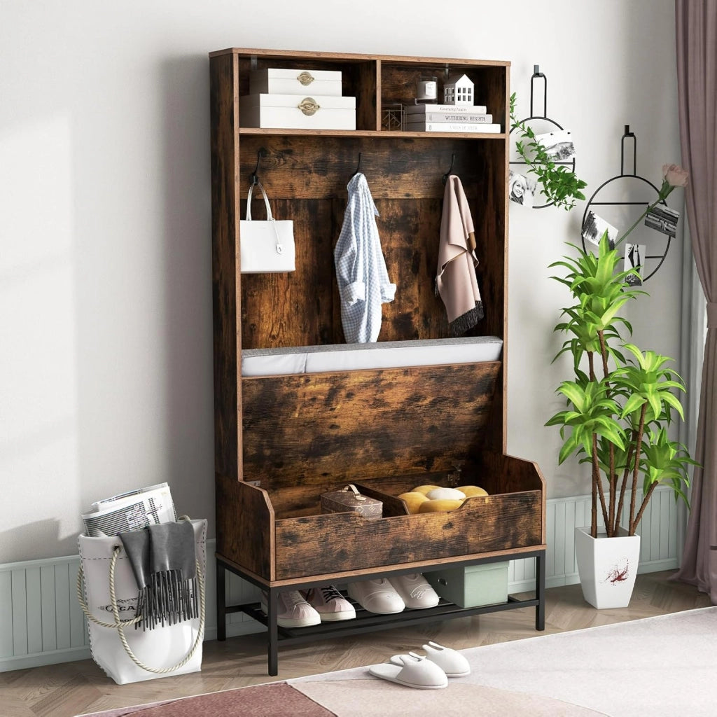 4 in 1 Appendiabiti da Ingresso, Armadio con Appendiabiti Multifunzionale, con Panca Cuscino e Ganci, Panchina per Ingresso, 90 x 38,5 x 170 cm (Marrone)