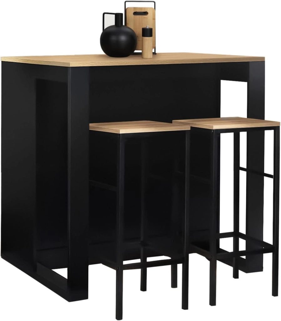Set di tavoli da bar a isola in legno nero JUNO con piano in faggio e 2 sgabelli da bar DETROIT