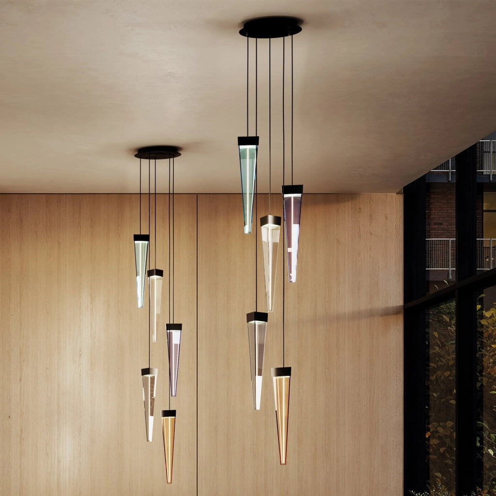 Stalactite Lampada a sospensione di design a LED, diffusore piramidale in vetro trasparente, struttura in metallo nichel nero lucido 12W 2700K