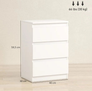 Set di 2 comodini 40x30x59.5 cm con 3 cassetti; in MDF bianco