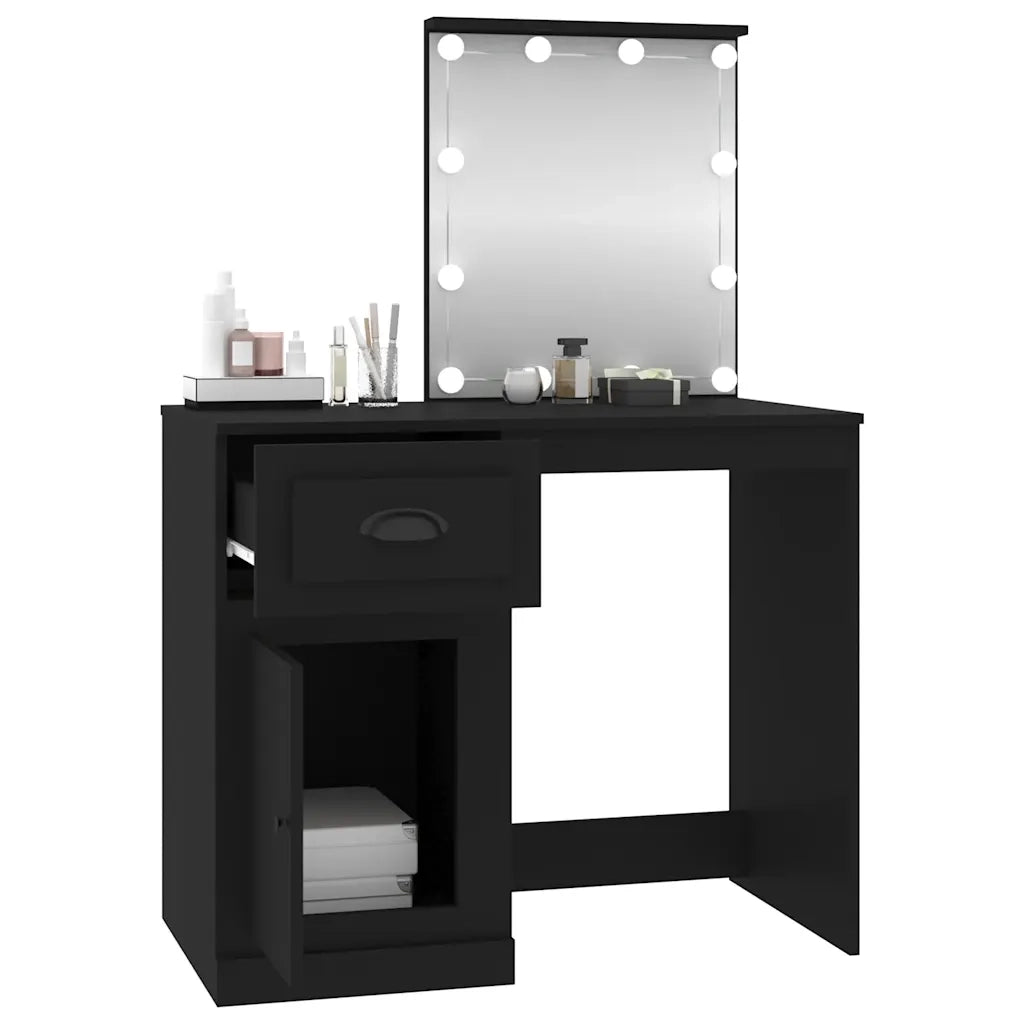 Toeletta | Tavolo da Trucco con LED Nera 90x50x132,5 cm Legno Multistrato