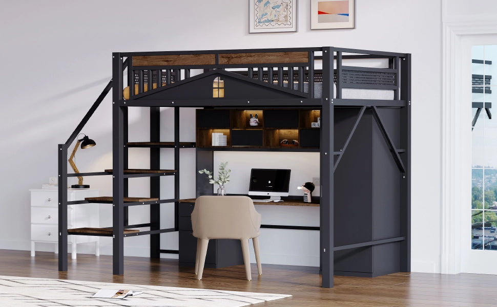 Letto a castello metallo e legno nero con funzione contenitore 140x200 cm
