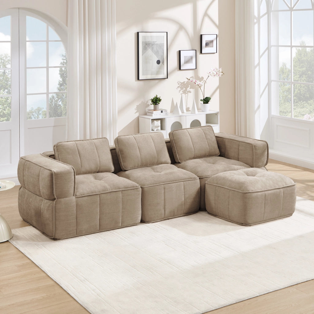 Divano modulare angolare senza struttura a 3 posti con pouf in poliestere sabbia per soggiorno 271 × 162 × 67 cm