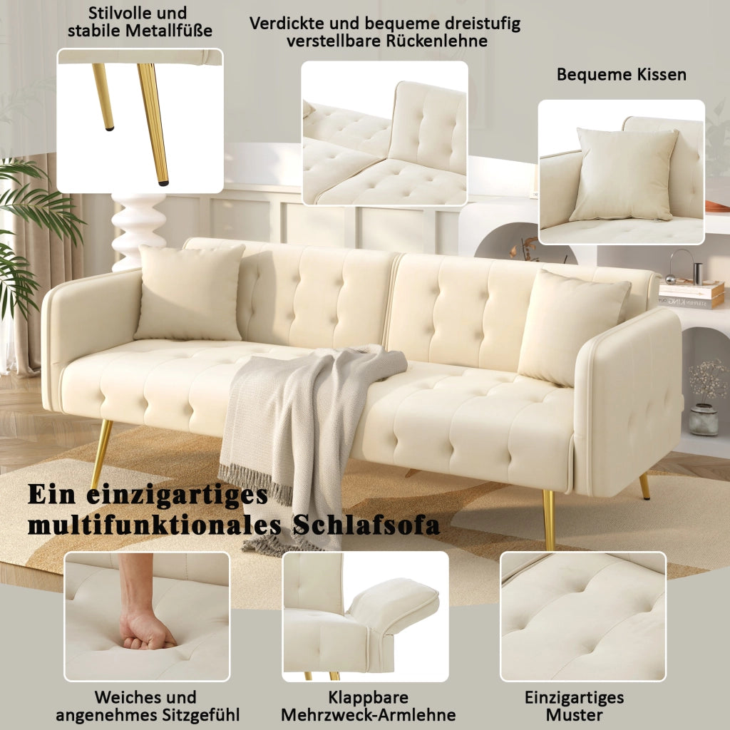 DIVANO LETTO 2 POSTI 215x81,5 cm Velluto Beige con schienali e braccioli regolabili