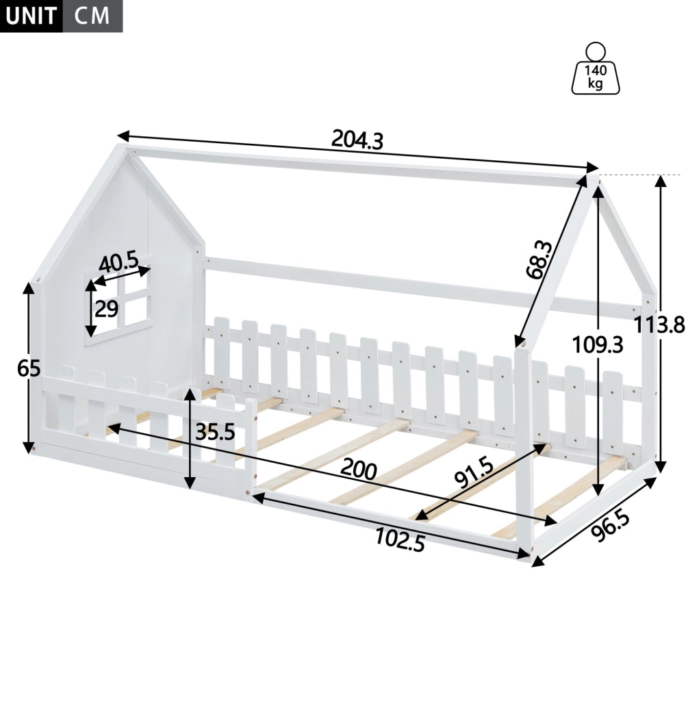 LETTO Bambini a forma di casa 90x200 cm Bianco in pino e MDF