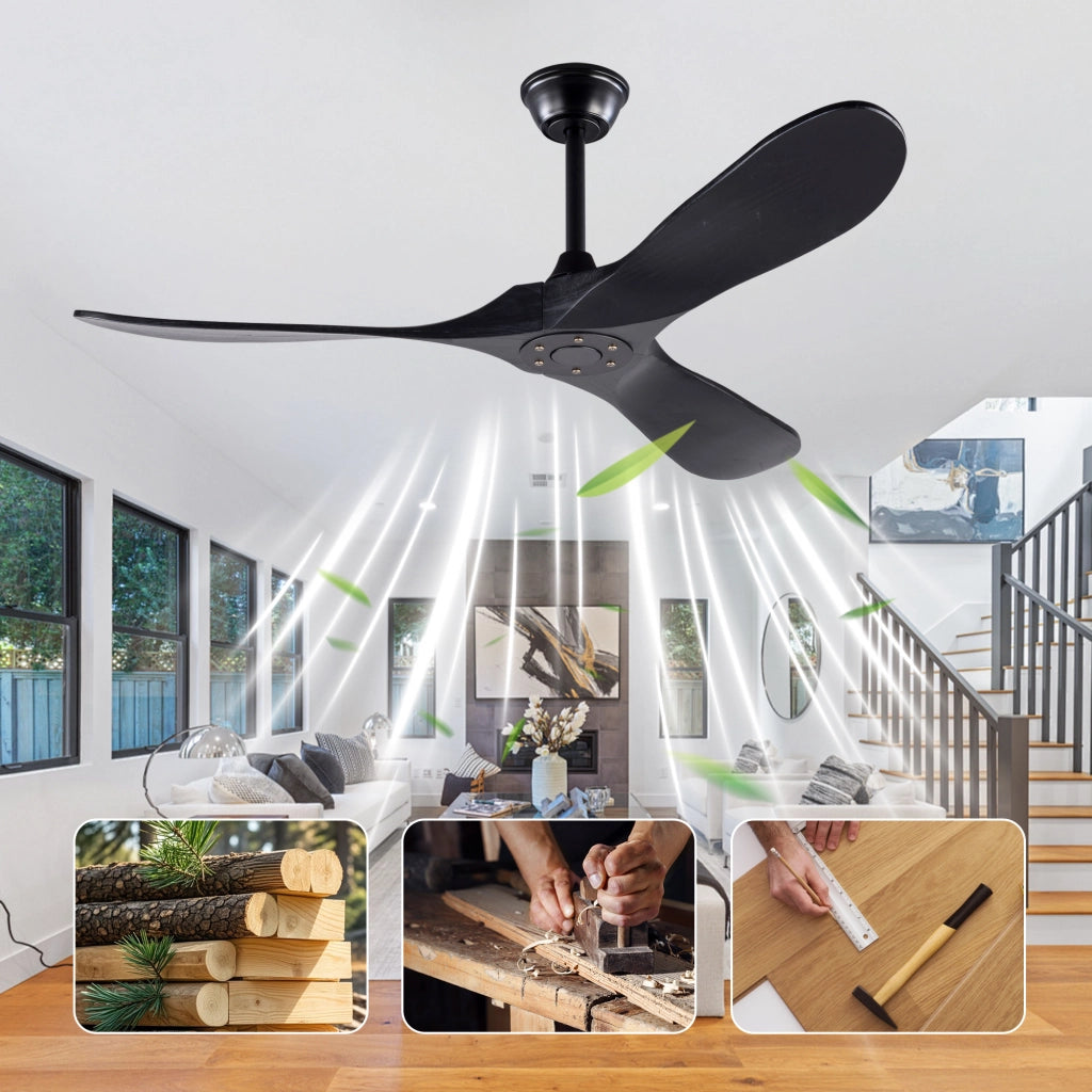 Ventilatore da soffitto 52 pollici senza luce; 3 pale in legno e telecomando; nero