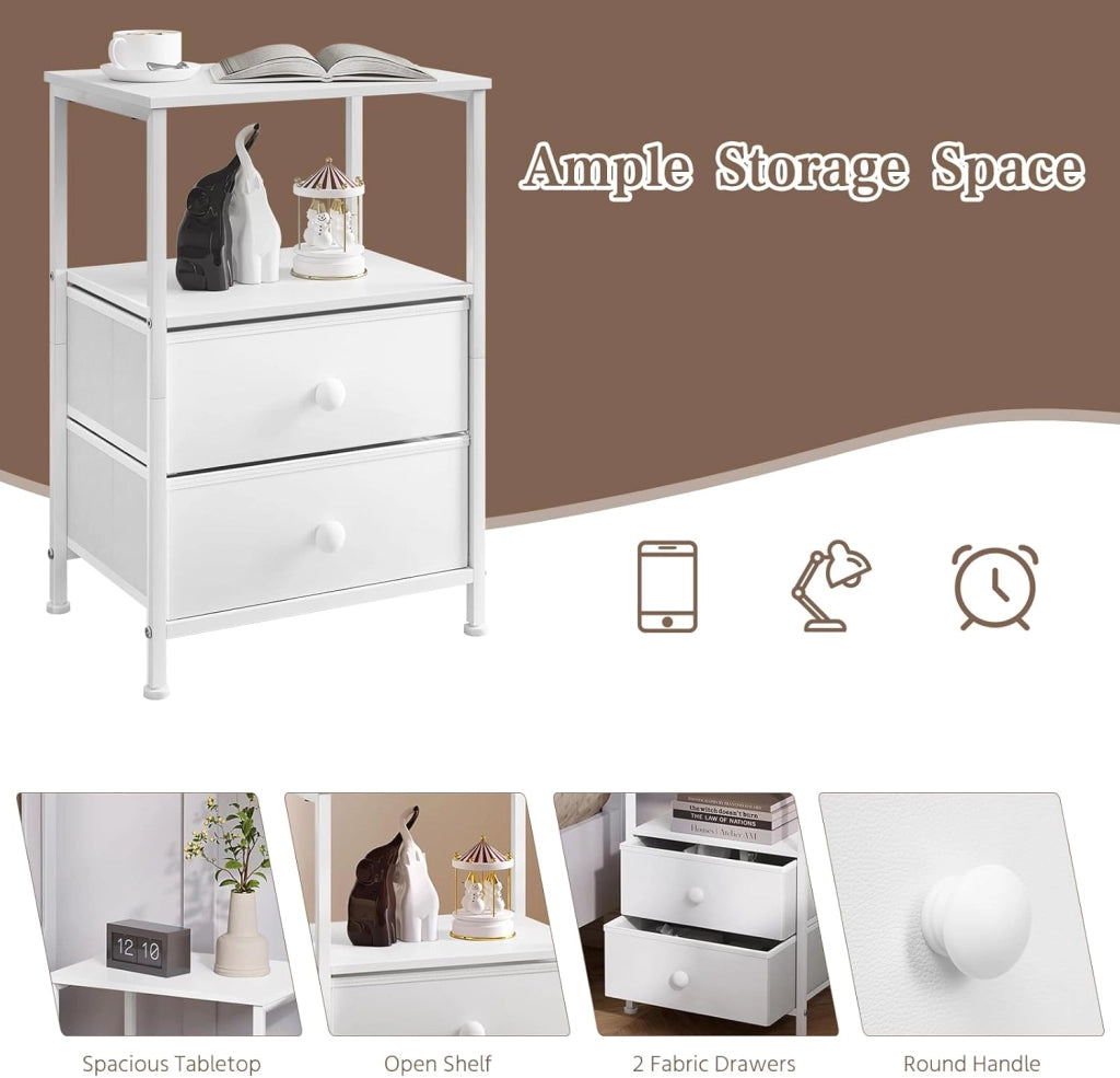 Comodino Camera da Letto, Comodino Bianco con 2 Cassetti in Tessuto e 1 Scomparto Aperto, Moderno, in Legno Metallo, 40x30x60 cm