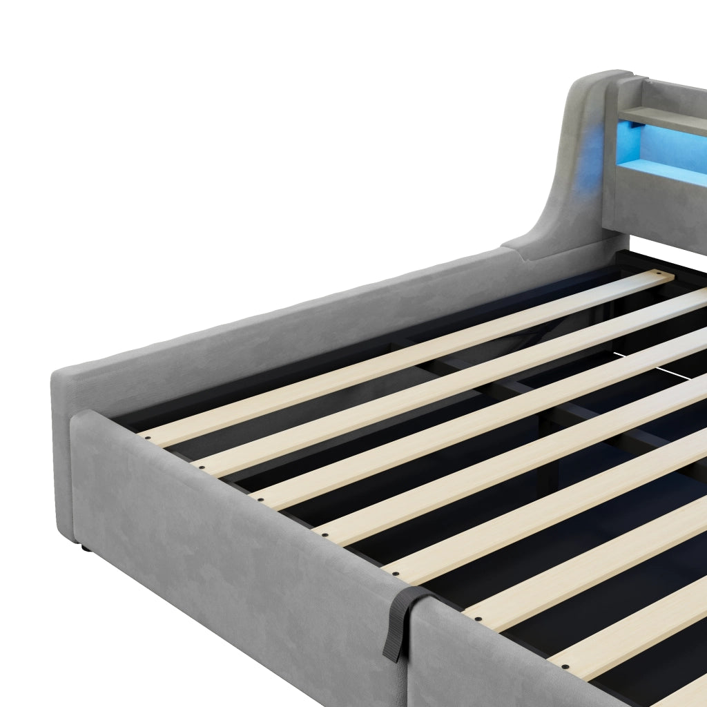 Letto Singolo 140x200 cm con Contenitore; LED Multicolore; in Flanella; Grigio