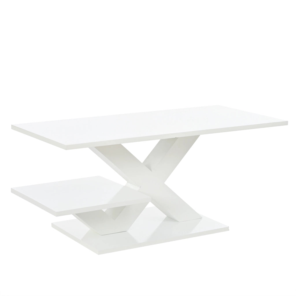 Tavolino da salotto rettangolare bianco lucido 100 x 48 x 45 cm, in MDF, struttura a X, portata fino a 10 kg