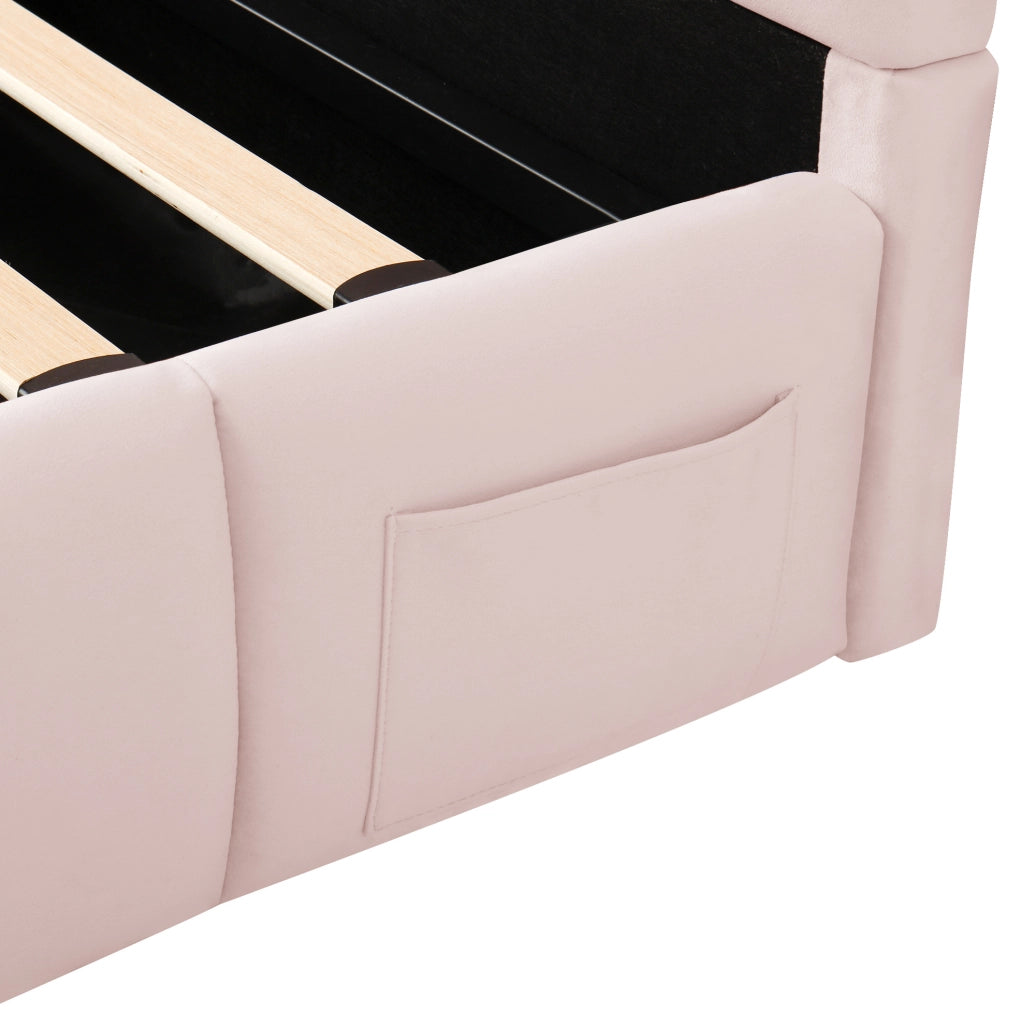 Letto singolo imbottito rosa con contenitore, rete a doghe e USB