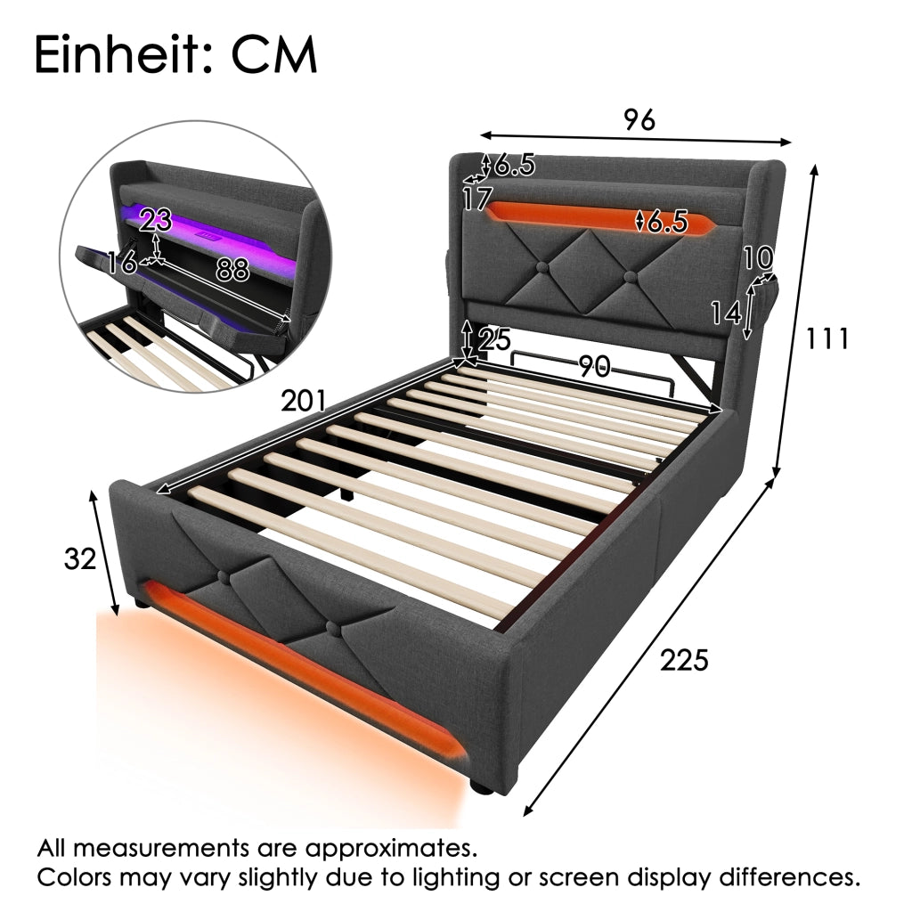letto imbottito lino grigio 90 x 200 cm