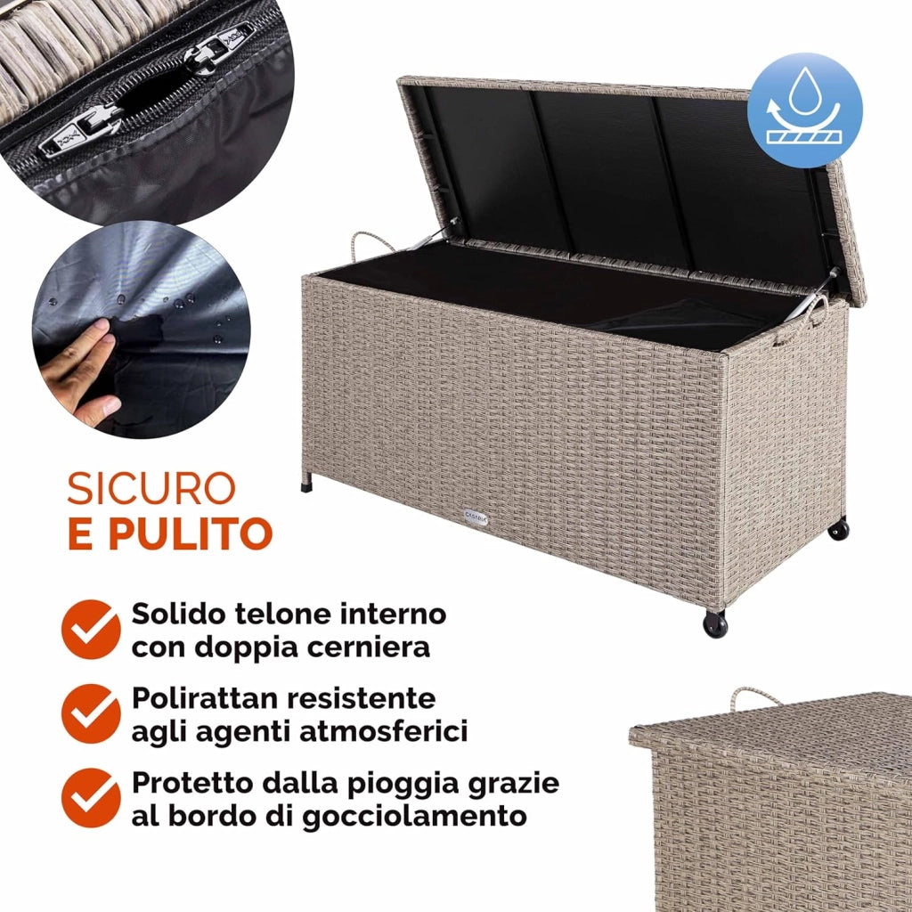 ® Baule Giardino XXL 117x53x60cm Ruote 270L Salvaspazio Impermeabile Resistente Cassettone Contenitore Esterno