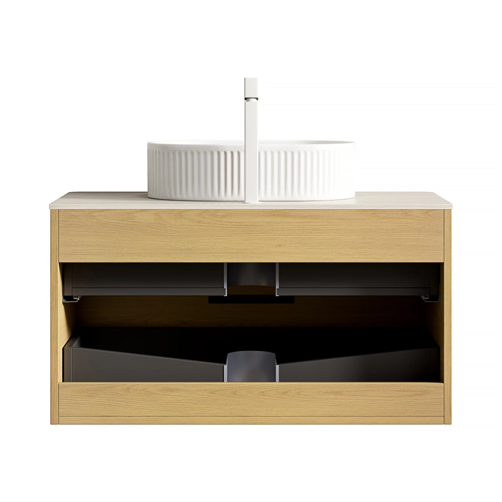 Mobile bagno con lavabo ovale in ceramica e 2 cassetti; top effetto travertino; per bagno; beige rovere bianco