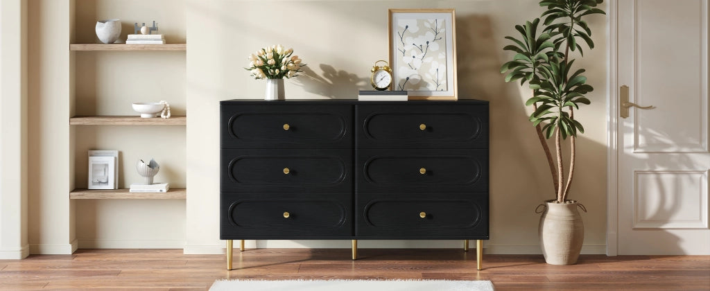 Credenza con 6 cassetti e piedi in metallo per soggiorno e ingresso, design con incisioni ovali, nero, 120 × 40 × 75 cm