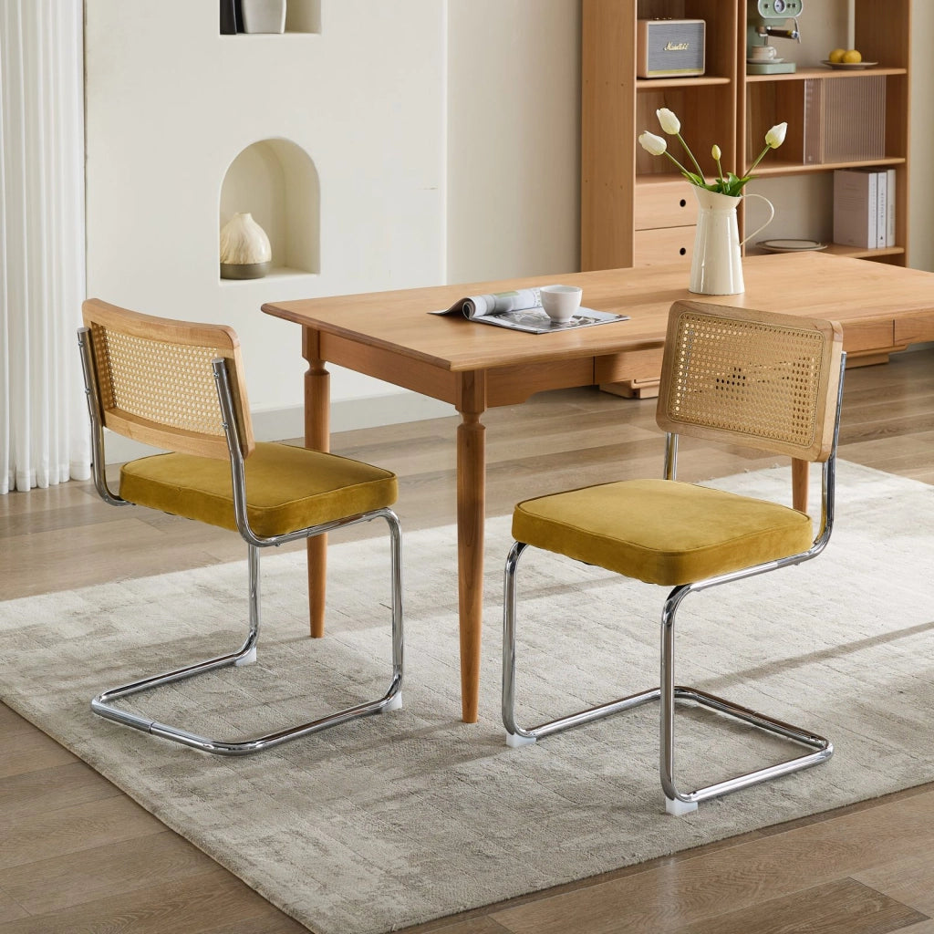 Sedie da Pranzo Set 2 Pezzi in Velluto con Schienale in Rattan ¨C MINIMAL ¨C Struttura Cromata, Oro