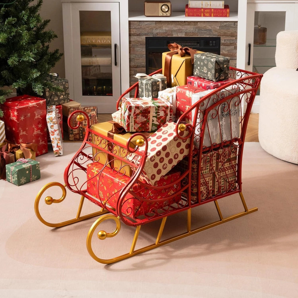 COSTWAY Slitta di Babbo Natale, Slitta di Babbo Natale in Metallo con Portadoni a 2 Livelli, Decorazione Natalizia con Stelle Dorate, per Casa, Negozio e Ufficio (Modello 3)