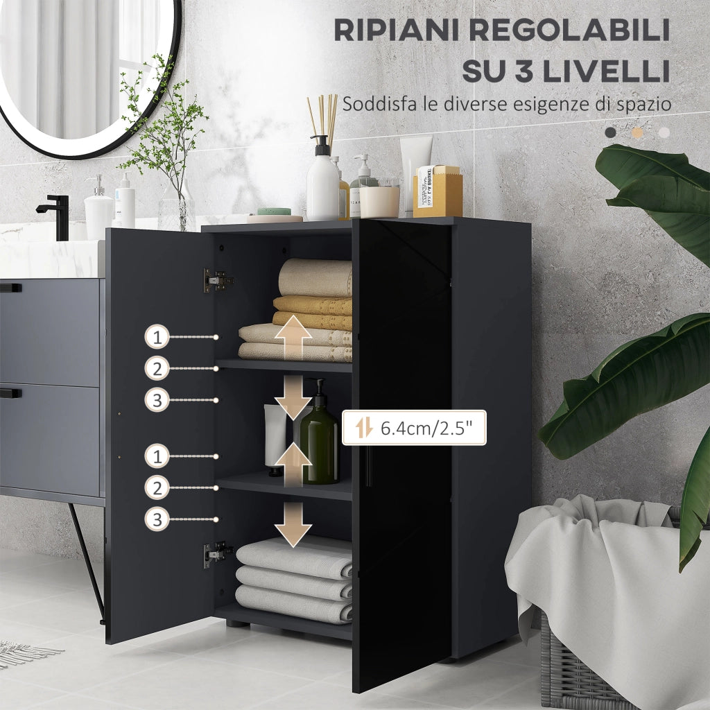 Mobiletto Bagno 2 Ante in Legno con 3 Ripiani e Chiusura Ammortizzata, 60x30x82cm, Nero Lucido