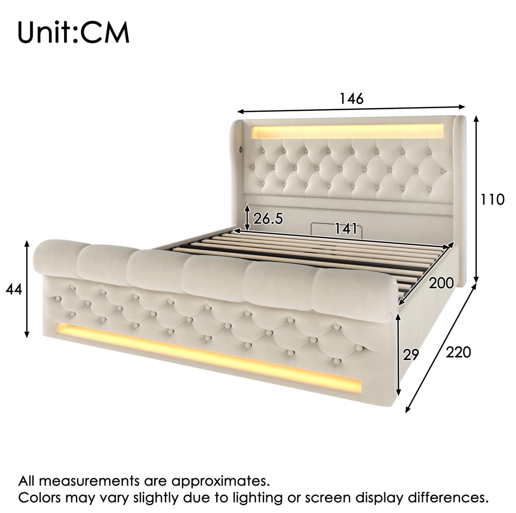 Letto matrimoniale imbottito 140x200 cm in velluto beige con LED; contenitore e USB
