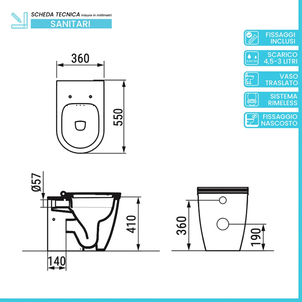 Vaso filomuro traslato nero opaco con sedile soft close di Ceramica Dolomite Mayka