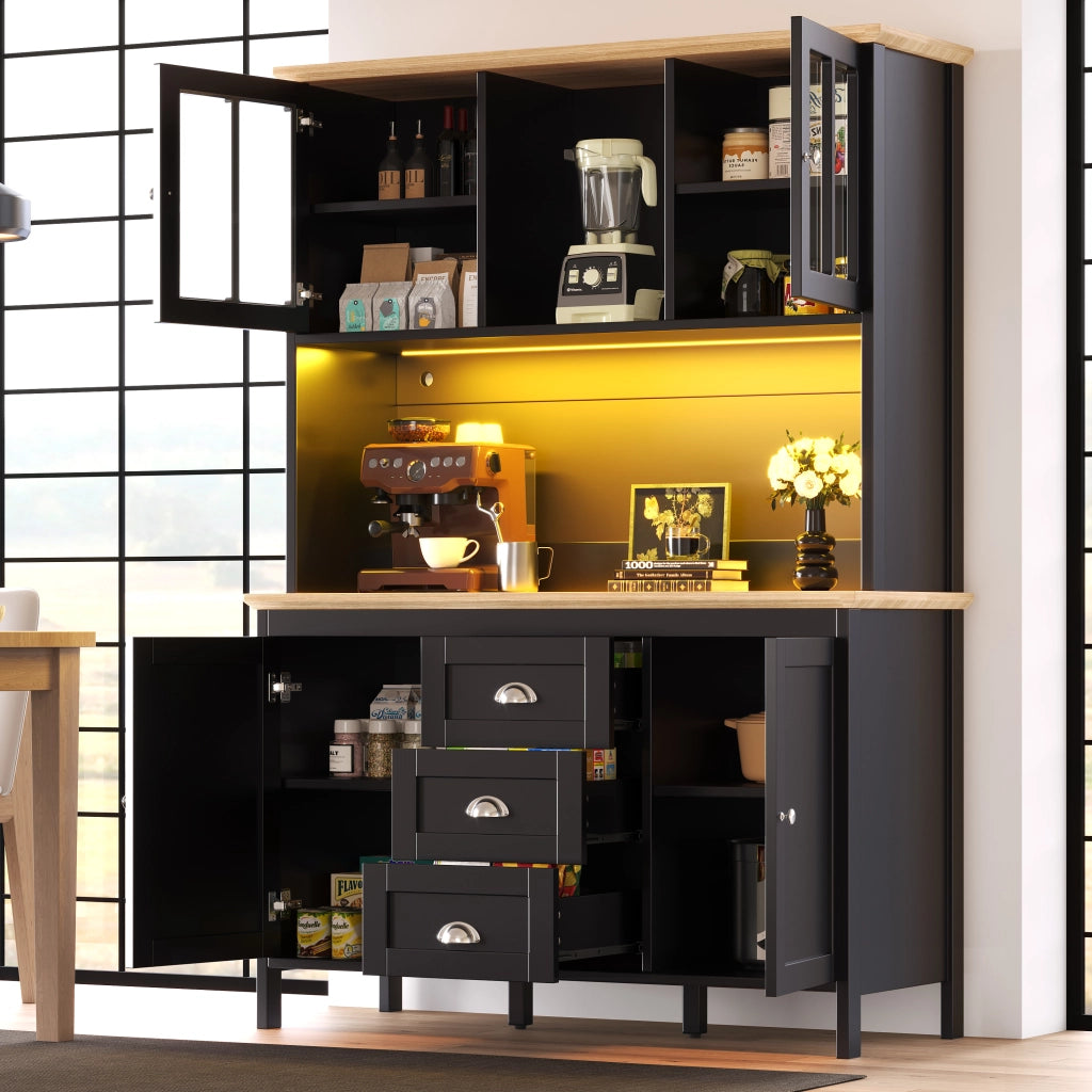 Credenza Alta da Cucina con 4 Ante; 3 Cassetti; 1 Vano Aperto e LED USB; in MDF e Metallo; 120 x 40 x 179 cm; Nero