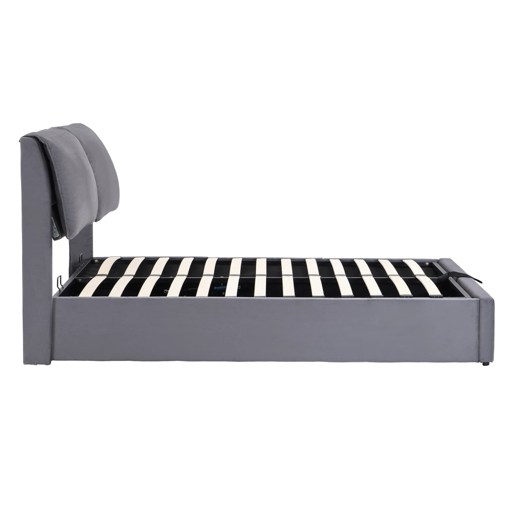 Letto imbottito 140x190 cm in velluto grigio con contenitore idraulico, 3 cassetti, rete a doghe e testiera