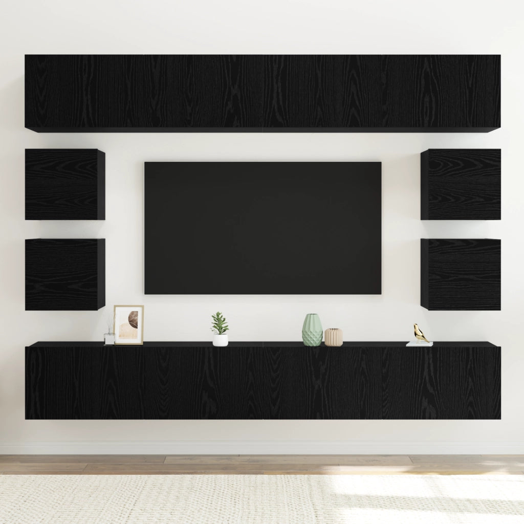 Set di mobili TV  a 8 pezzi montato a parete in rovere nero legno ingegnerizzato