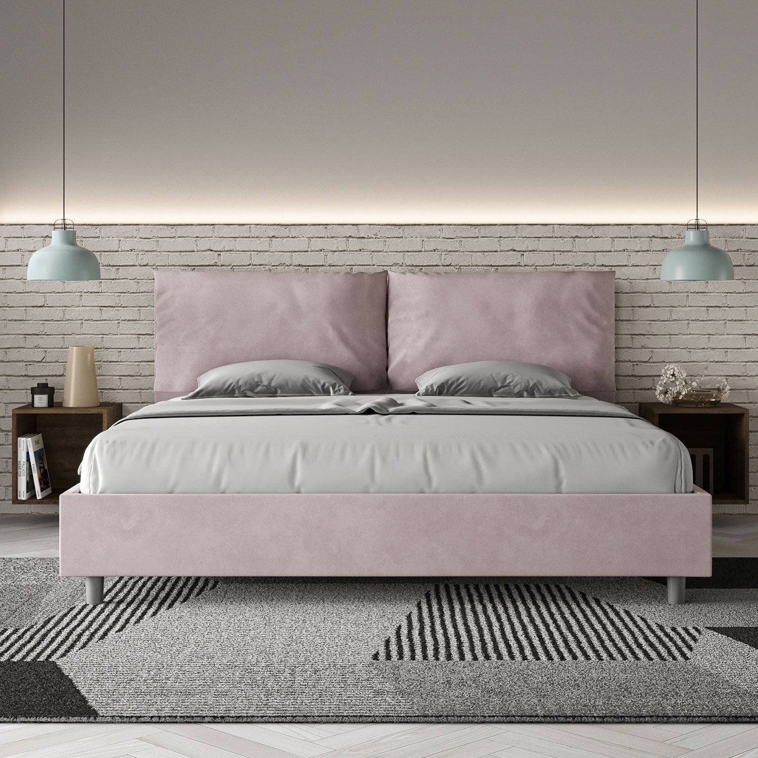 Letto Matrimoniale King Size 200x200 cm con Rete Imbottito in Microfibra Antea Large Glicine
