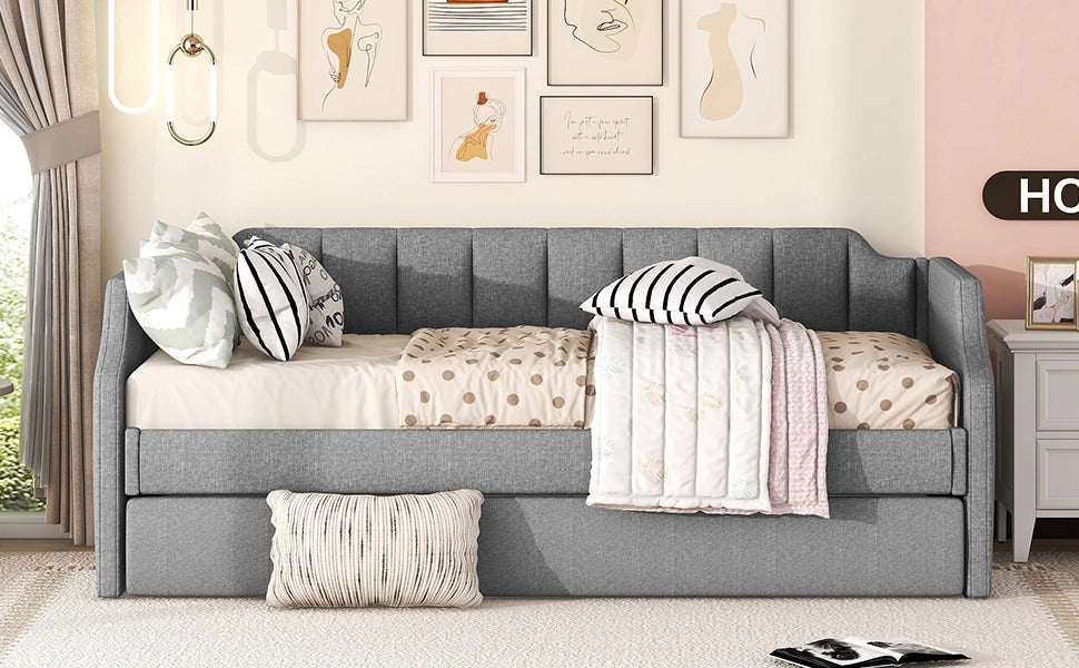 Letto giorno imbottito con letto estraibile in cotone lino grigio 90x200 cm