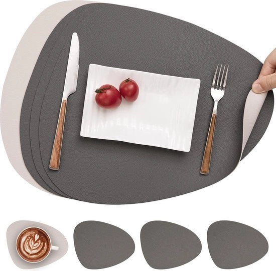Tavoliere in pelle e sottopanchine, Placemat Impermeabile a doppia faccia per cucina, Posizionamento di caffè, Tavoliere antiscivolo, Placemats e sottopanchine lavabili (Triangolare, Rond, Grigio Bianco)