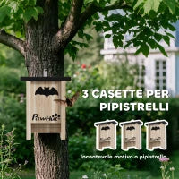 Set di 3 Casette per Pipistrelli Bat Box in Legno di Abete, 18x6x22.5 cm, Colore Legno
