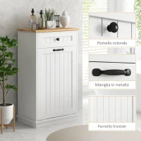 Mobiletto Bagno in Legno con Cesto Portabiancheria in Tessuto Ribaltabile e Cassetto, Bianco