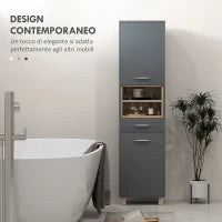 Colonna Bagno Moderna con Cassetto e Armadietti in Legno e Lega di Alluminio, 40x24x160 cm, Grigio