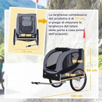 Rimorchio Bici per Cani Taglia Media con Finestre Laterali e Bandierina, 130x73x90 cm, Grigio e Nero