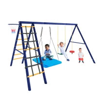 Set altalena Giardino multifunzionale con 3altalene, struttura da arrampicata, canestro da basket,per 3-8anni,Antico blu