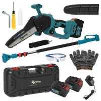 Motosega a Batterie 2 in 1 con Palo Telescopico, Motore Brushless, 2 Batterie e Blocco di Sicurezza, Blu