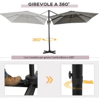 Ombrellone da Giardino a Manovella 2.5x2.5 m con Rotazione 360° e Parasole Regolabile, Grigio Chiaro