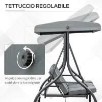 Dondolo da Giardino 3 Posti Convertibile in Lettino con Tettuccio Regolabile, Grigio Scuro