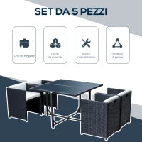 Set Mobili da Giardino 5pz Set Tavolo da Pranzo con 4 Sedie con Cuscini Combinabili a Rettangolo, Nero, 109x109x72 cm