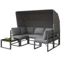 Set di mobili da giardino a 4 pezzi, divano 3 posti con tenda, 2 poltrone singole e tavolino da caffè, 176x178x145 cm, Grigio