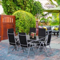 Set Mobili da Giardino un Tavolo con 6 Sedie Pieghevoli Schienale Reclinabile a 7 Livelli Struttura Verniciata a Polvere Antiruggine Nero  Argento Alluminio Tessuto a Rete Vetro