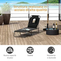 Sdraio Pieghevole Reclinabile su 4 Livelli con Foro per Lettura e Cuscino in Tessuto Oxford e Acciaio, 187x58x36 cm, Nero