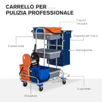 Carrello per Pulizie Professionale Multiuso con 4 Secchi Rotelle Borsa di Tela 118 × 73 × 103cm