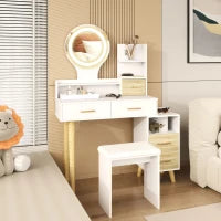 Tavolo da Trucco con Specchio e Sgabello, Luminosità Regolabile, 5 Cassetti, 4 Scomparti, 1 Ripiano, Bianco