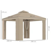 Gazebo da Giardino 3x3m in Metallo con Zanzariera e Tetto a 2 Livelli in Poliestere Cachi