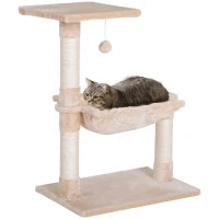 Torre per Gatti max 3.6kg con Amaca e Pallina Appesa, in Legno e Peluche, 50x36x70 cm, Beige