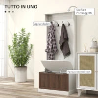 Mobile Appendiabiti 3 in 1 con 4 Ganci e Panca Contenitore, in Legno, 71.5x39.5x170 cm, Bianco